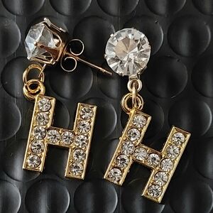 Gold Crystal Initial Earrings H